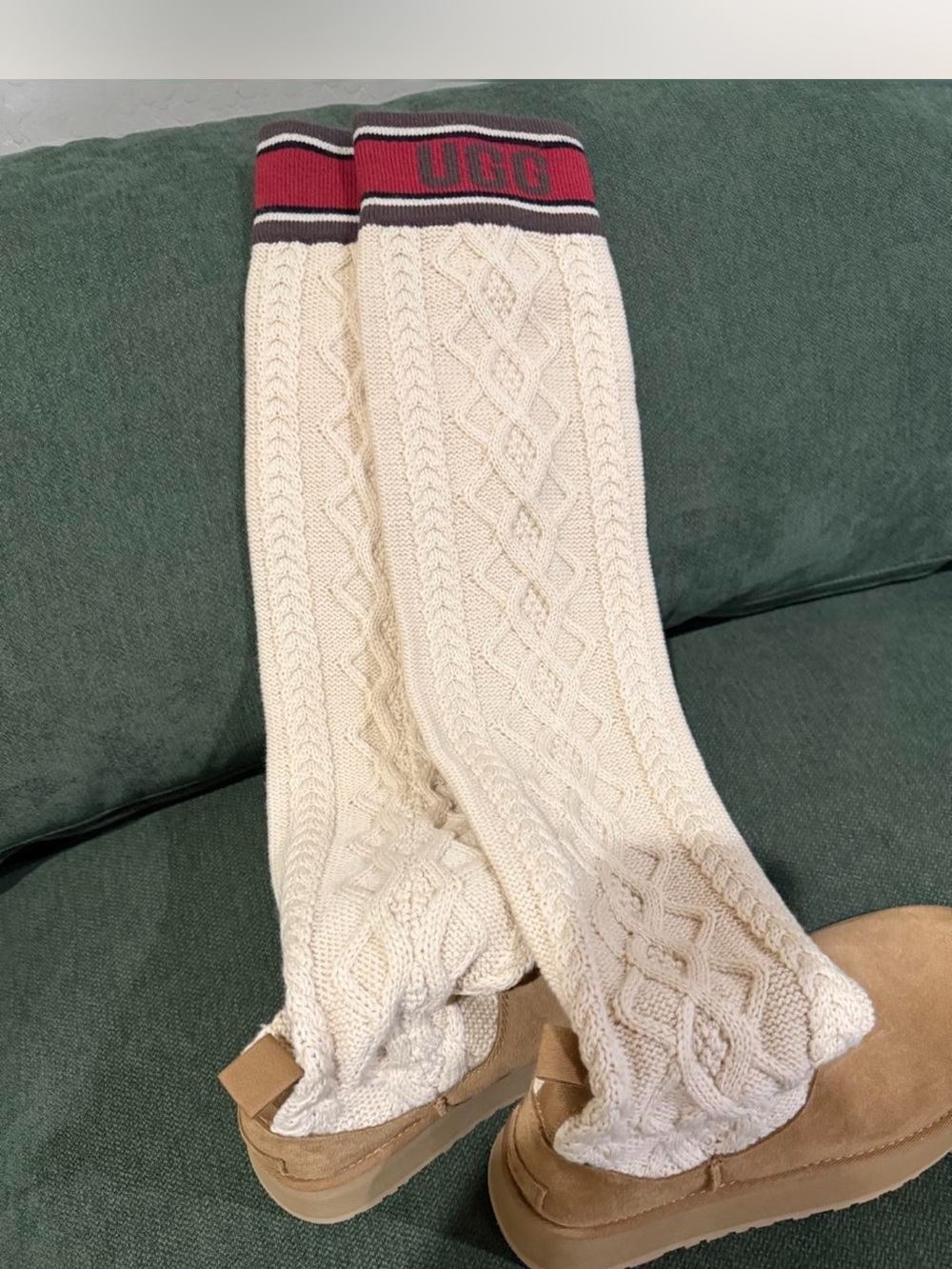 UGG Sweater Letter Cable Knit Tall Platform Boot in Chestnut and Cream - Picture 4 of 6